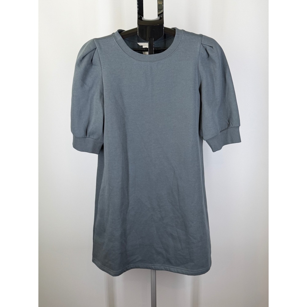 HM Womens Puff Sleeve Sweatshirt Dress Blue Gray Crew Neck Fleece Lined Size L